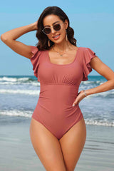 Ruffle Trim Ruched One Piece Swimsuit