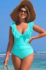 Ruffle V Neck One Piece Swimsuits