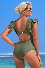 Ruffle Trim V Neck One Piece Swimsuit