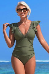 Ruffle Trim V Neck One Piece Swimsuit