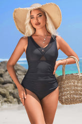 Mesh Insert Ruched V-Neck One Piece Swimsuit