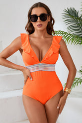 Textured Ruffle V Neck Backless Bathing Suit