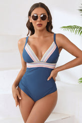 Crochet Trim Color Block V Neck One Piece Swimsuit