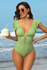 Ruched Cut Out Ruffle Trim Plunging Neck Swimwear