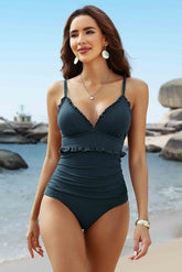 Womens V Neck Frill Detail One Piece Swimsuit