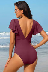 Ribbed Ruffle Trim Ruched One Piece Swimsuit
