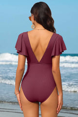 Ribbed Ruffle Trim Ruched One Piece Swimsuit