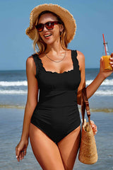 Ruched Scalloped Square Neck One Piece Swimsuits