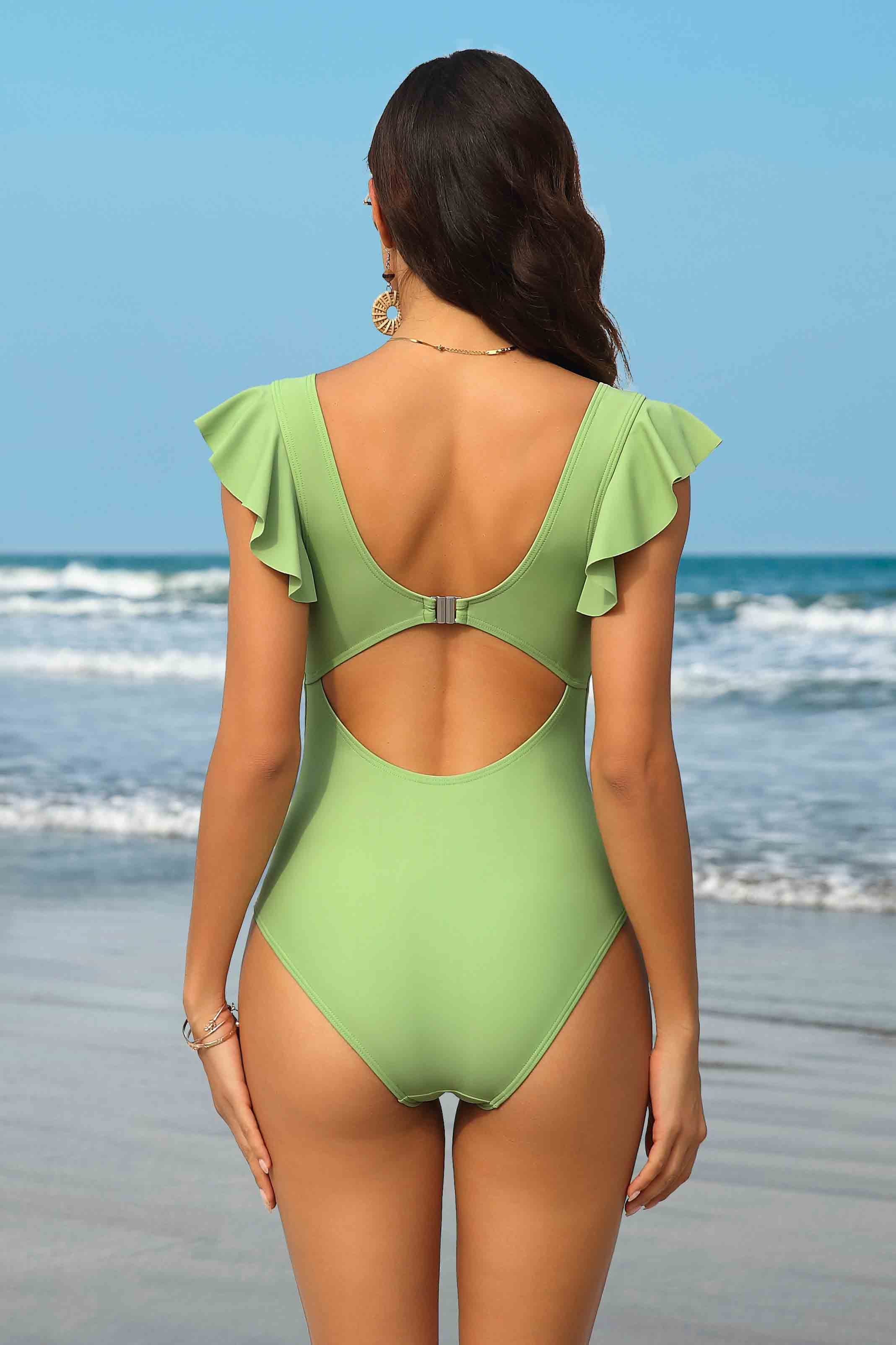 Ruched Cut Out Ruffle Trim Plunging Neck Swimwear