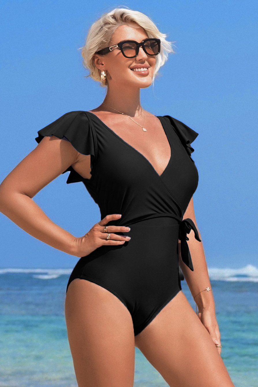 Ruffle Trim One Piece Swimsuit With Self-tie Belt