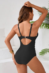 White Bordered V Neck Ruch One Piece Swimsuits