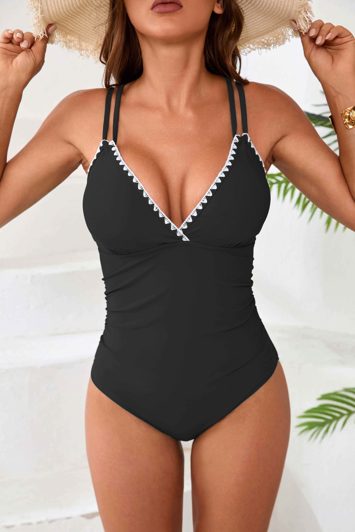 White Bordered V Neck Ruch One Piece Swimsuits