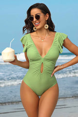 Ruched Cut Out Ruffle Trim Plunging Neck Swimwear