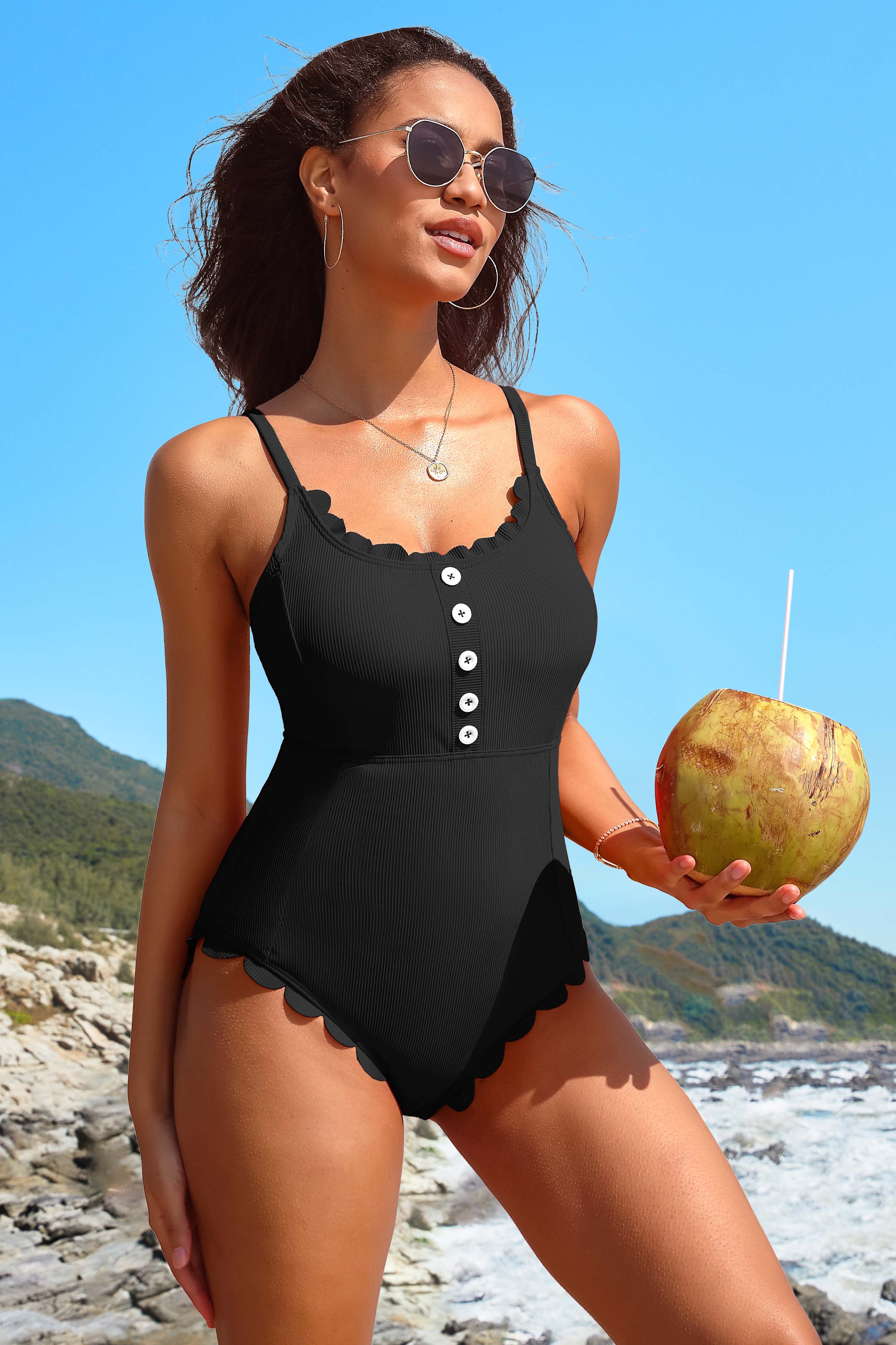 Ribbed Scallop Trim Button Details  Bathing Suits