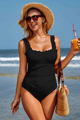 Ruched Scalloped Square Neck One Piece Swimsuits