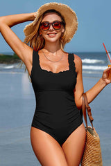 Ruched Scalloped Square Neck One Piece Swimsuits