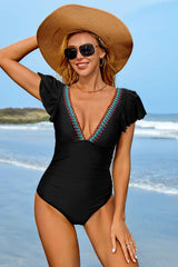 Ruffle Woven Colorful V-neck One Piece Swimsuit