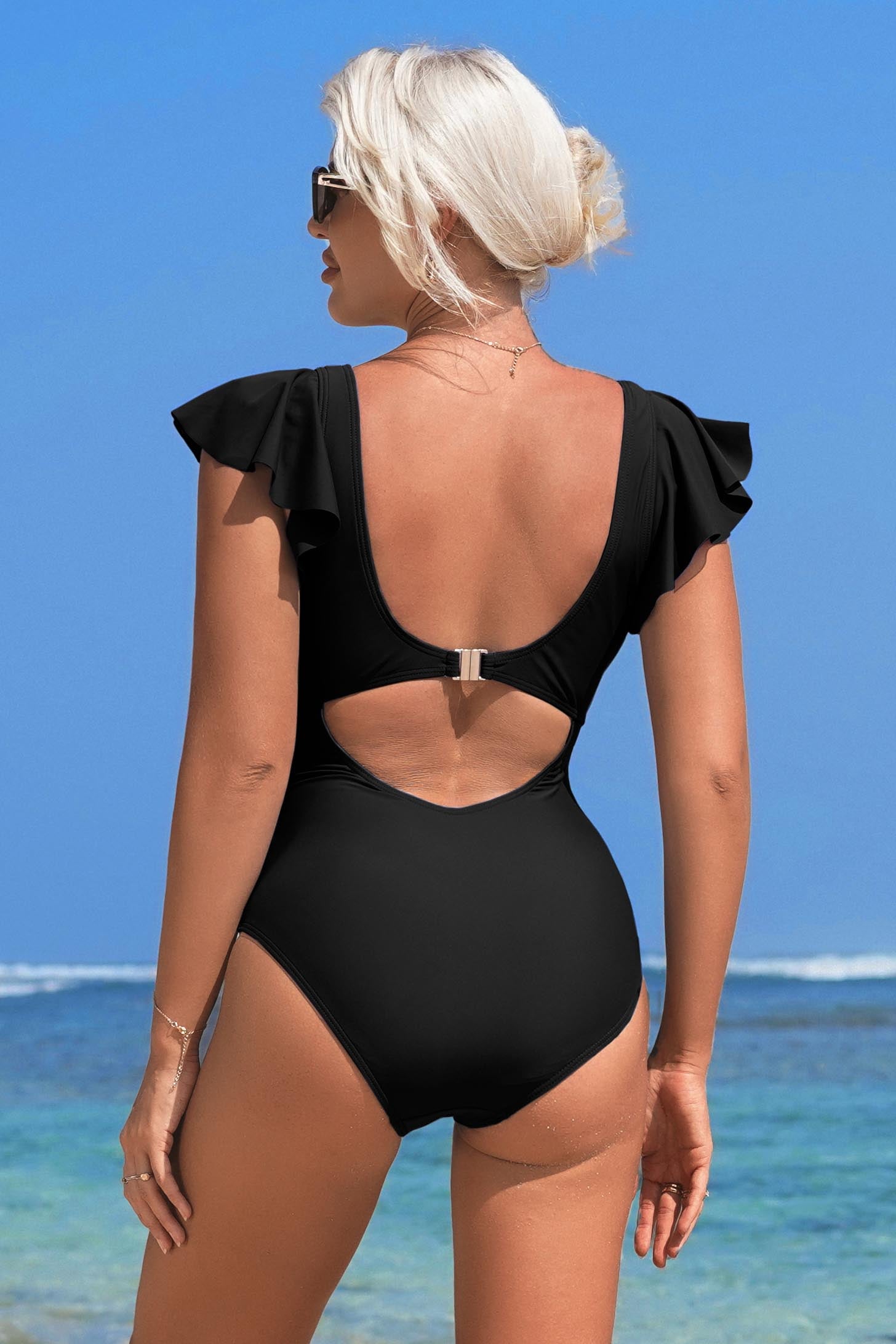 Ruffle Trim One Piece Swimsuit With Self-tie Belt